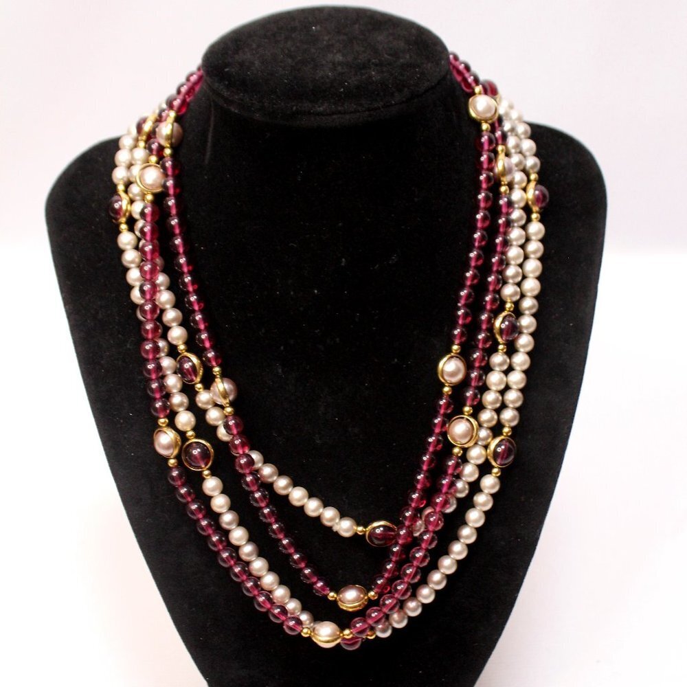 Vintage Avon Faux Amethyst and Swivel Pearl 2 Strand Bead Necklace
